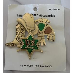 Gold Tone Metal Western Cowboy Boot Hat Star Brooch Pin